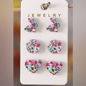 Retro Colorful Earrings Rabbit, Round and Heart set of three